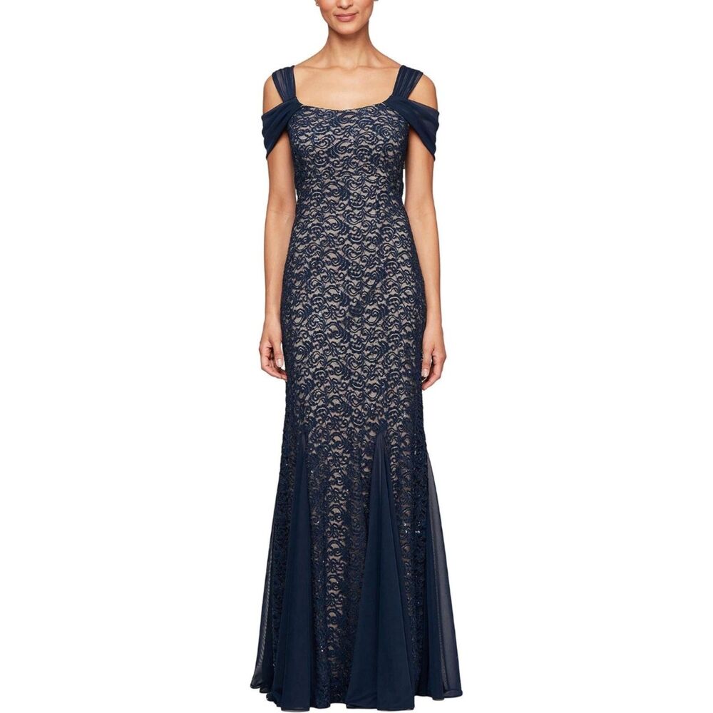 Alex Evenings Women's Long Cold Shoulder,‎ Navy/Nude Lace, 18